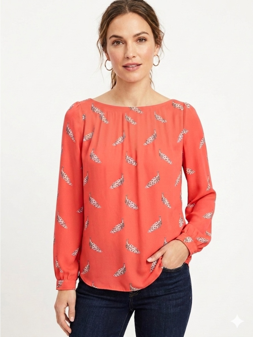 LOFT Peacock Print Coral Pleated Long Sleeve Blouse Pink Boat Neck Whimsical M